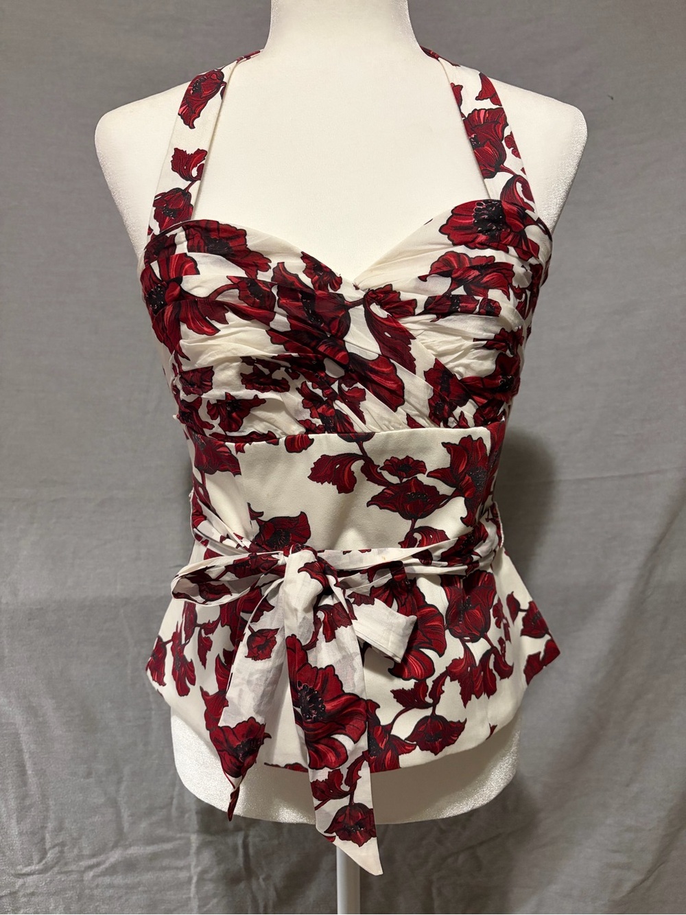 White House Black Market Red and White Floral Halter Peplum Camisole